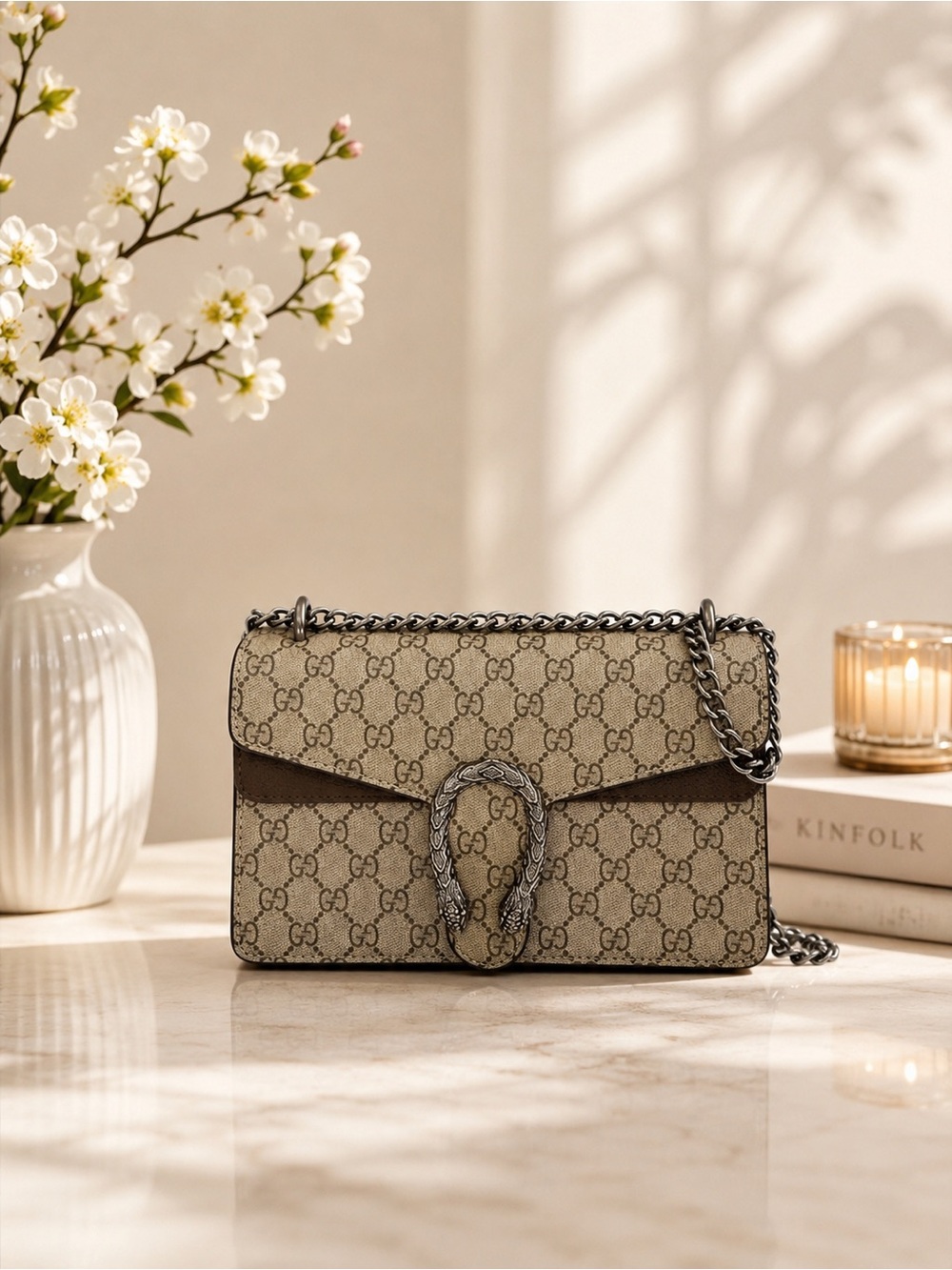 Gucci Beige/Brown GG Supreme Crossbody with Silver Chain